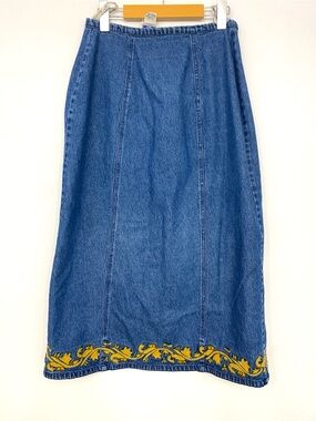 April Cornell Embroidered Long Denim Skirt Blue Yellow Floral XS Cotton